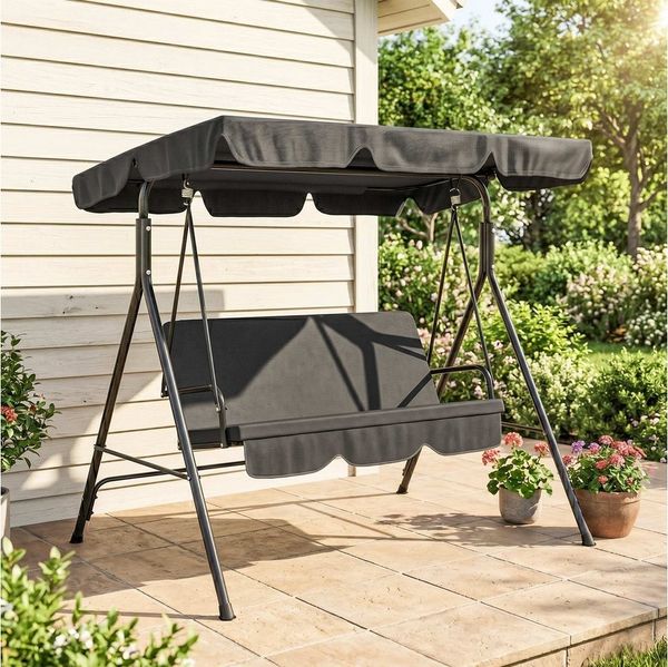 Outsunny Hollywoodschaukel wasserabweisende Schaukelbank für Garten, 3-Sitzer, mit verstellbarem Dach, Schwingbank, 1 tlg, Gartenschaukel, Stahl Schwarz 172 x 110 x 153 cm