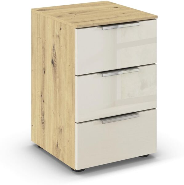 Rauch Möbel Flipp, Nachttisch für Schlafzimmer, Kinderzimmer, Wohnzimmer, Jugendzimmer, Flur, Garderobe, 3 Schubladen, mit Softclose-Funktion, Farbe Eiche Artisan, Holz/Glas Beige, Breite 40 cm
