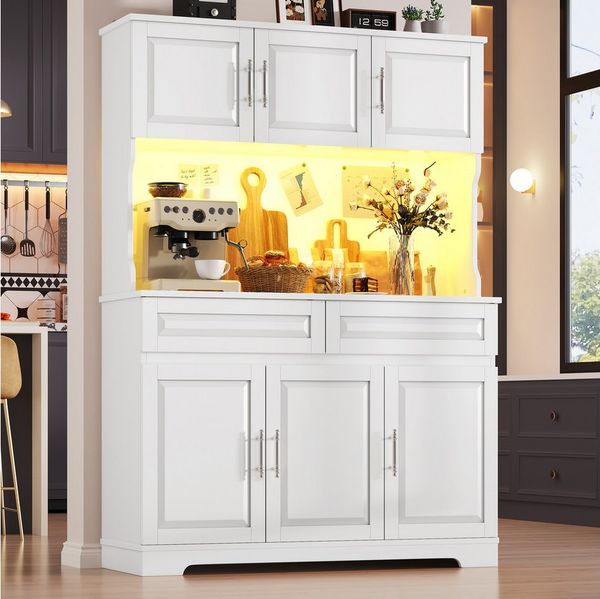 Flieks Küchenbuffet Hochschrank mit Arbeitsplatte, LED-Beleuchtung und Schubladen (1-St, B108/T40/H180 cm) Mehrzweckschrank Küchenschrank mit verstellbaren Einlegeböden Weiß