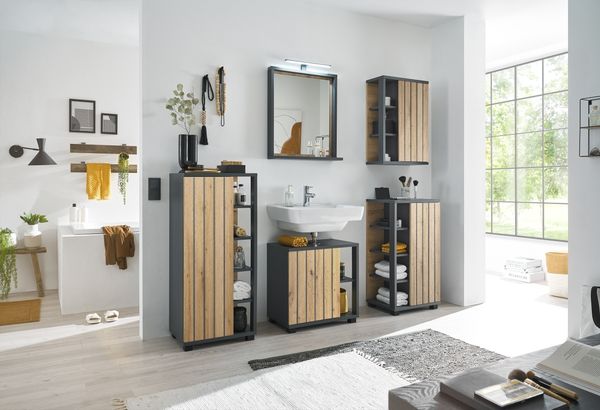 NIZZA Badezimmermöbel Set in Graphit, Artisan Eiche Optik - Modernes Badmöbel Set 5-teilig bestehend aus 2 Kommoden, Hängeschrank, Unterschrank & Spiegel - 220 x 200 x 37 cm (B/H/T)