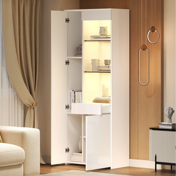 Merax Glasvitrine hochglanz Vitrine mit LED (70*35*180cm, 1-St, Hochschrank Standregal Schrank) Standvitrine Highboard mit Glasfächern, Schublade & Push-to-Open Türen