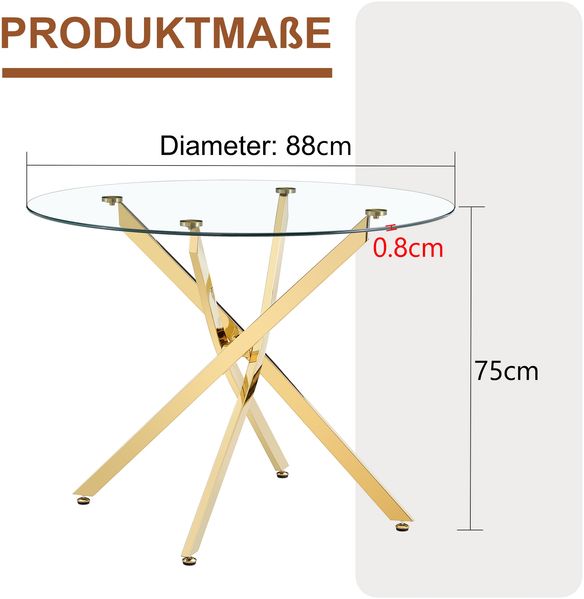 Runder Esstisch im luxuriösen Leicht-Design mit 88 cm Durchmesser, Moderner, schlichter Esstisch aus gehärtetem Glas mit goldenem Metallgestell, geeignet für kleine Essbereiche, Für 2–4 Personen Bild 4