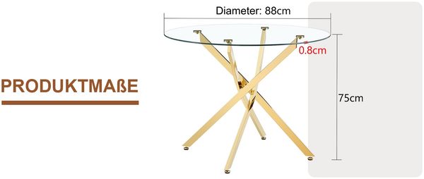 Runder Esstisch im luxuriösen Leicht-Design mit 88 cm Durchmesser, Moderner, schlichter Esstisch aus gehärtetem Glas mit goldenem Metallgestell, geeignet für kleine Essbereiche, Für 2–4 Personen Bild 8