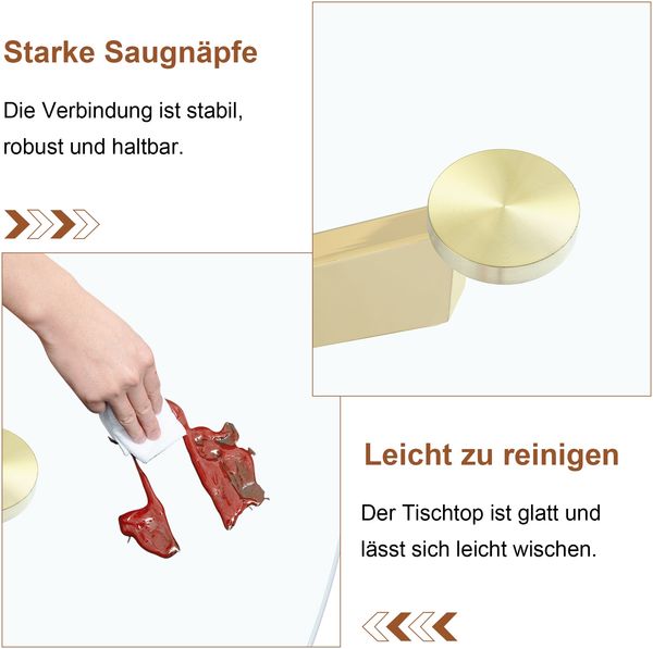 Runder Esstisch im luxuriösen Leicht-Design mit 88 cm Durchmesser, Moderner, schlichter Esstisch aus gehärtetem Glas mit goldenem Metallgestell, geeignet für kleine Essbereiche, Für 2–4 Personen Bild 7