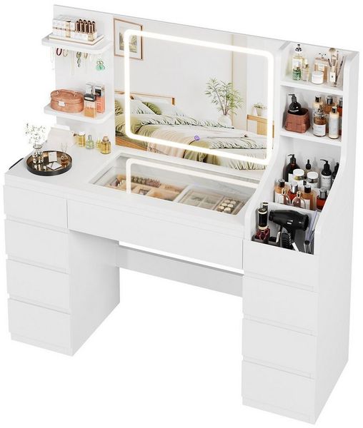 HOMALL Schminktisch Dreifarbiger, LED-beleuchteter Schminktisch Extra großer Stauraum (Maße: 135 × 40 × 137 cm, Arbeitsplatte aus gehärtetem Glas, mit 7 offenen Ablagefächern + 9 Schubladen, 2 Steckdosen + 1 USB-Anschluss + 1 Typ-C-Anschluss, Halterung...