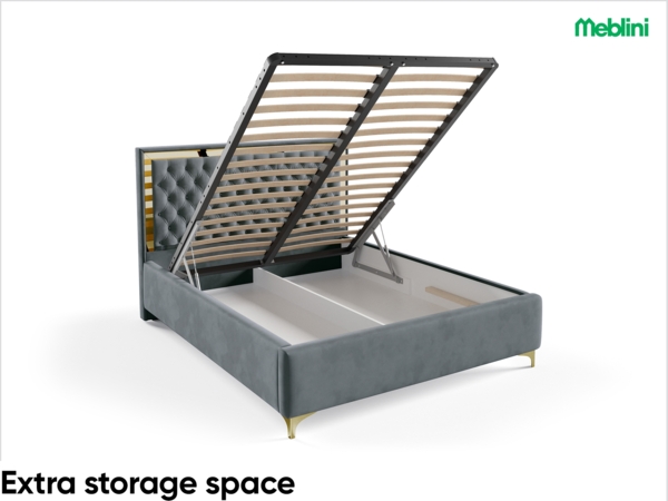 MEBLINI Polsterbett 160x200 mit Lattenrost und Matratze – ARONA GOLD – Dunkelgrau Samt – Doppelbett mit Bettkasten - Stauraumbett - Kopfteil Bett mit Stauraum Bild 6