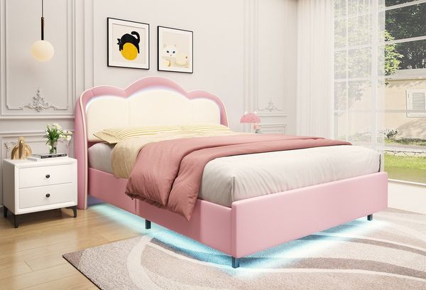 HOMAVO 140×200 cm Polsterbett, Kinderbett, Rosa, Samt, Doppelbett, mit LED-Beleuchtung