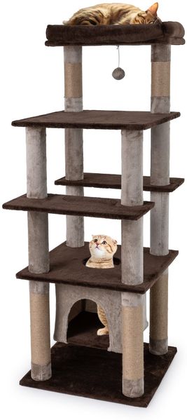 Großer mehrstufiger Kratzbaum 148 cm hoher Katzenturm mit schwingendem Luft-Kondo Plüsch-Liegebett Braun