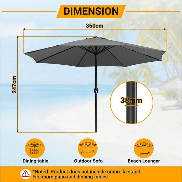 Clanmacy Sonnenschirm Sonnenschirm Ø350 cm Balkonschirm Gartenschirm UV50+ ohne Knick Grau, LxB: 350x350 cm, Stabiler knickbar/für Garten, Balkon, Terasse/Sonnenschutz