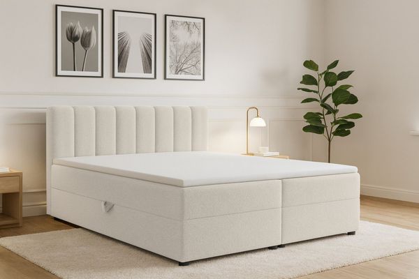 Deine Möbel 24 Boxspringbett VANESSA mit Bettkasten & Topper, Bouclé Stoff Quelle (Größe: 140x200 160x200 180x200 200x200, 1-St, Polsterbett in Weiß, Creme, Hellgrau, Grau, Schwarz), Komfortbett mit Matratzen H3/H4, gepolstertes Kopfteil, Boxbett