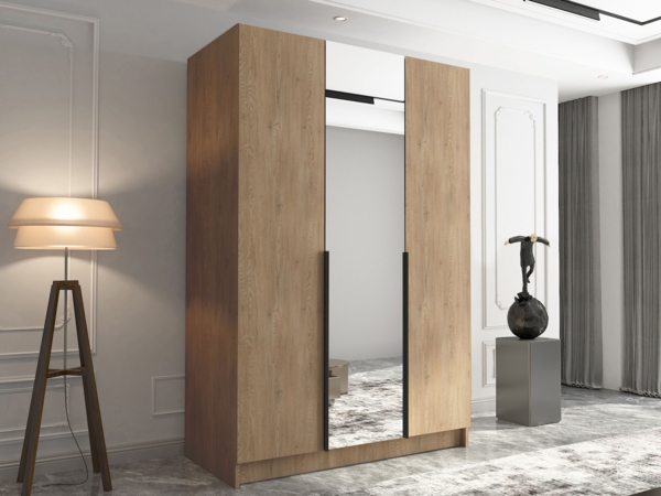 Drehtürenschrank Cikzori II, Kleiderschrank mit 3 Türen, Frontspiegel (Farbe: Eiche Cremona / Eiche Cremona + Schwarz)
