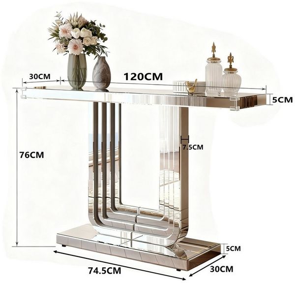 Celya Beistelltisch Eleganter Konsolentisch mit Silber-Optik & Stabiler U-Form-Basis (für Raumaufhellung, Kratzfest & Leicht zu Reinigen, Luxus Wohnzimmer Tisch), 120CM Moderner Spiegeltisch