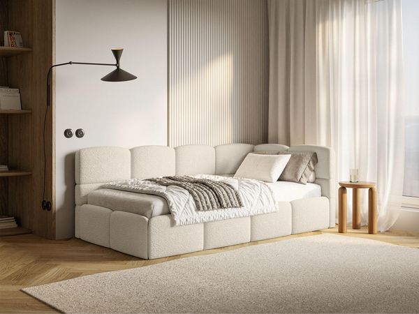 Selsey Polsterbett 90x200 cm Rechts mit Bettkasten Jugendbett für Kinderzimmer Inkl. HR30 Matratze Stabiler Kiefern Fichtenholzrahmen Gepolstetes Kopfteil Komfortabel & Praktisch Hellbeige