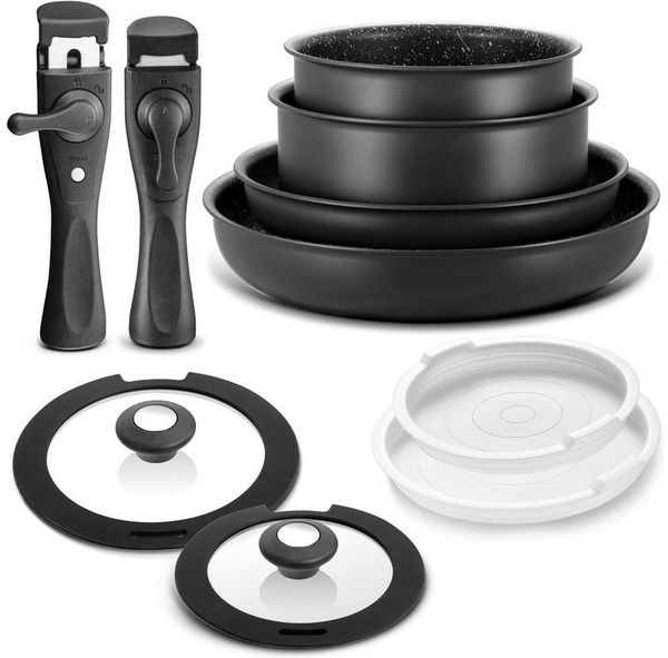 BEZIA Pfannen-Set Induktions Topf Setmit abnehmbaren Griffen und Deckel, dreilagige Antihaftbeschichtun (Set, 10-tlg), für alle Herdarten, ofenfest bis 240°C