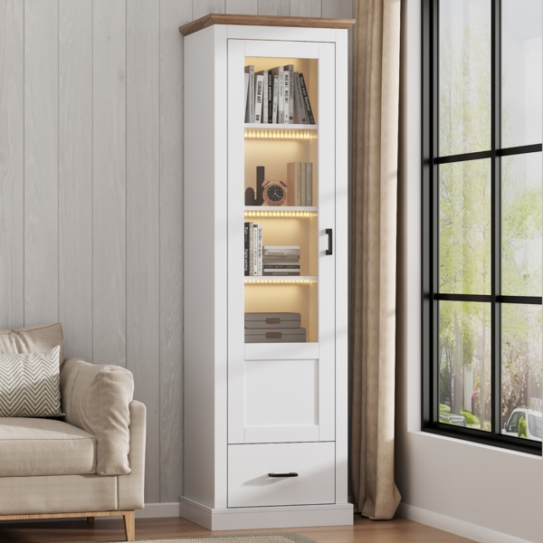 LED Standvitrine 50 x 35 x 178 cm, Weiß Matt, mit 16-farbiger Beleuchtung & Schublade