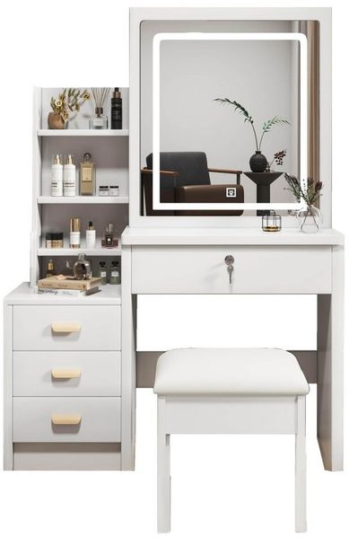 BBWL Schminktisch Stilvoller Schminktisch mit Spiegel und Beleuchtung,weiß, MDF (modernes Design), 3-farbig verstellbare LEDs, 4 Schubladen, inklusive Hocker