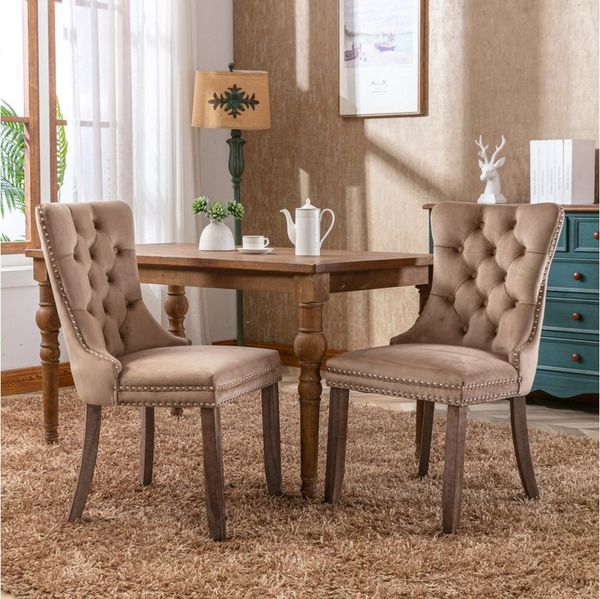 BBG Esszimmerstuhl 2er Set Esszimmerstühle Samt Chesterfield, bis 130 kg, French Style (Polsterstühle mit Knopfheftung & Ziernieten, Massivholz Rubberwood, 2 St), Hochlehner Dining Stuhl gepolstert