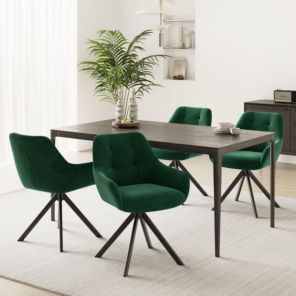MALOL Drehbare Esszimmerstühle 4er Set, 360° Drehbare Armlehnstühle mit weichem Florstoff & Metallgestell, Bequeme Esszimmerstühle Drehbar mit Rückenlehne für Küche, Esszimmer, Büro, Grün