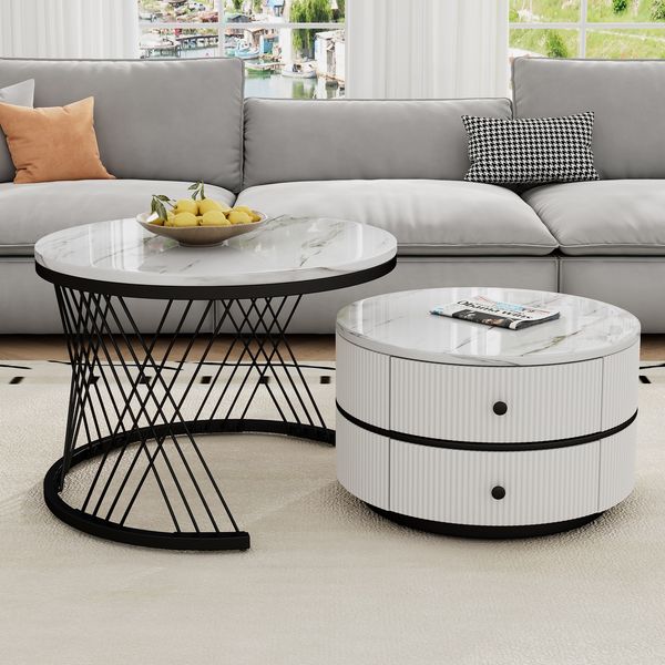 Couchtisch-Set rund, groß 60×60×46 cm und klein 50×50×31 cm, Hochglanz-Marmoroptik, MDF