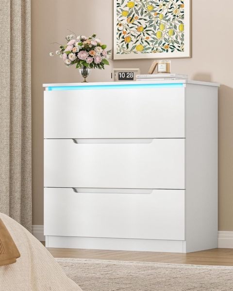 Kommode, Mit LED-Beleuchtung, Kommode mit 3 Schubladen, Spind mit Beleuchtung, Moderner Stil, Geeignet für Wohnzimmer und Schlafzimmer, 40 x 70 x 80 cm, Weiß