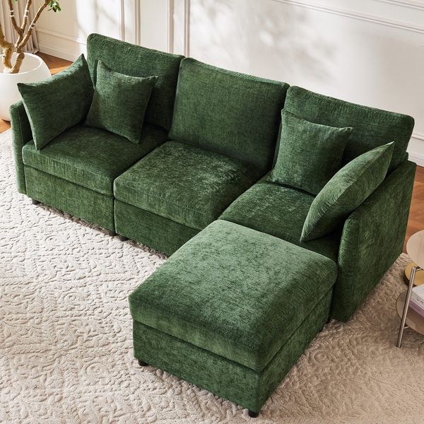Ecksofa mit Hocker, Zier- und Armlehnenkissen, Chenille, L-Form