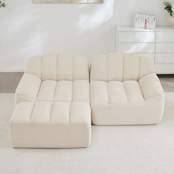 Ecksofa Beige White aus Granular Fleece, modulares L-Form Sofa mit Ottoman und tiefer Sitzfläche,79x210x165 cm