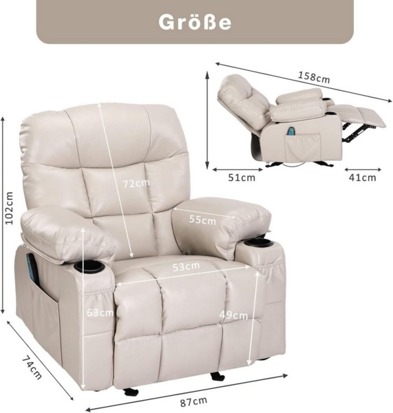 FANTASYLAB Relaxsessel mit Liegefunktion, Fernsehsessel mit Massagefunktion & Wärmefunktion (1-St), mit Seitentasche, 2 Getränkehalter, USB-Ladeanschluss Bild 2