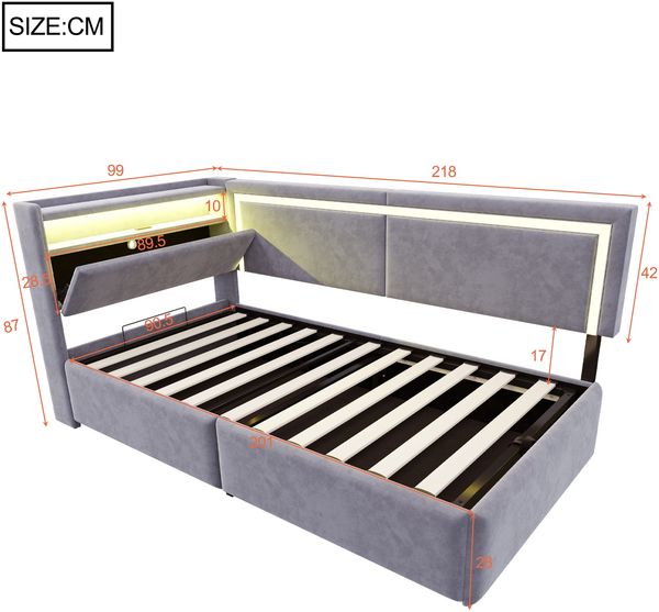 Schlafsofa, Samt mit LED & USB-Anschluss, Stauraum, 90x200 cm, Hellgrau, ohne Matratze Bild 10