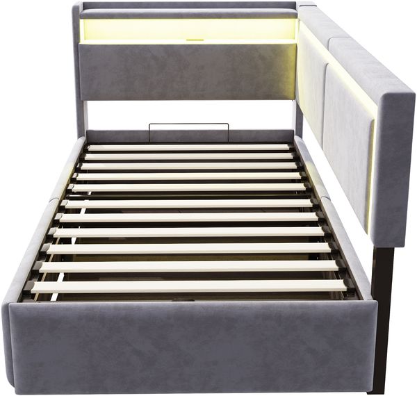 Schlafsofa, Samt mit LED & USB-Anschluss, Stauraum, 90x200 cm, Hellgrau, ohne Matratze Bild 9
