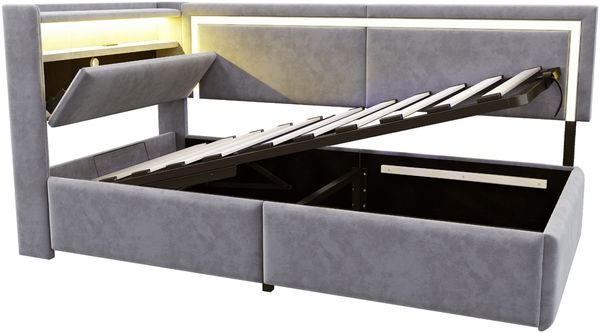 Schlafsofa, Samt mit LED & USB-Anschluss, Stauraum, 90x200 cm, Hellgrau, ohne Matratze Bild 8