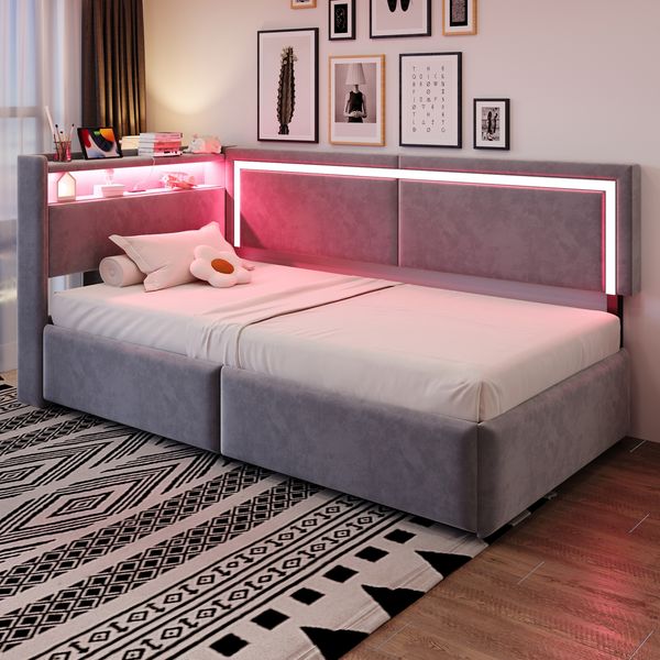 Schlafsofa, Samt mit LED & USB-Anschluss, Stauraum, 90x200 cm, Hellgrau, ohne Matratze