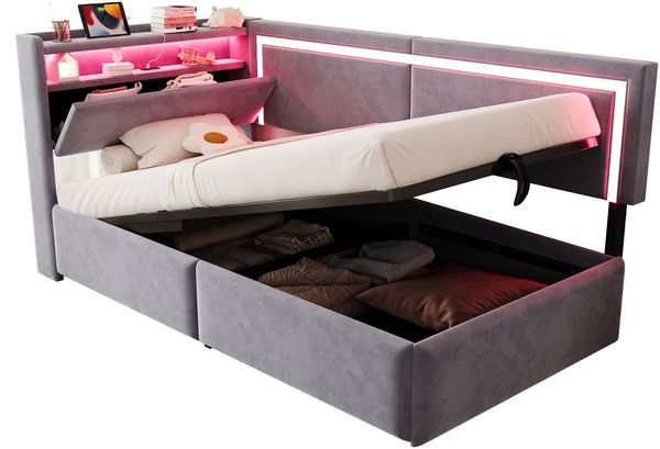 Schlafsofa, Samt mit LED & USB-Anschluss, Stauraum, 90x200 cm, Hellgrau, ohne Matratze Bild 7