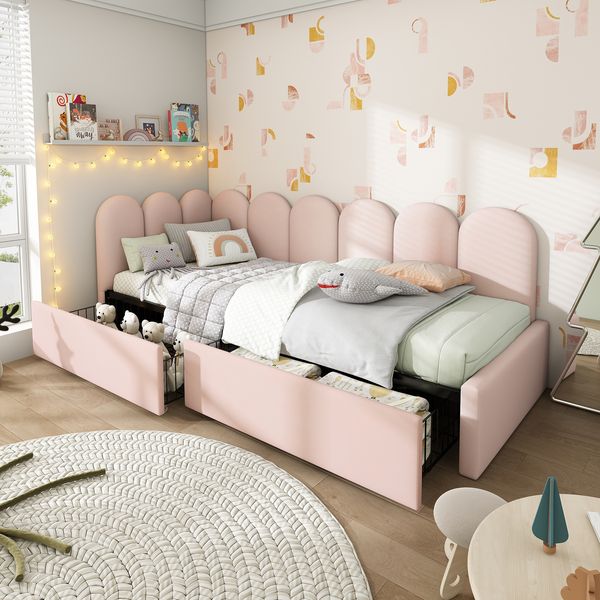 Tagesbett 90x200 cm Rosa Samt mit 2 Schubladen, Schlafsofa mit Stauraum, Polsterbett für Kinderzimmer & Gästezimmer
