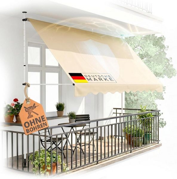 Heimfleiss® Klemmmarkise Klemmmarkise Balkon ohne Bohren Sonnenschutz UPF 50+ Klemmmarkise 250 cm breit, beige, höhenverstellbar
