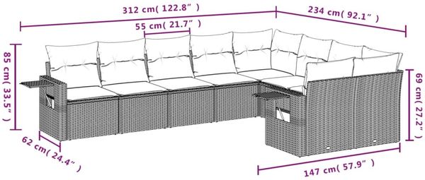 vidaXL 9-tlg. Garten-Sofagarnitur mit Kissen Braun Poly Rattan 3220642 Bild 8