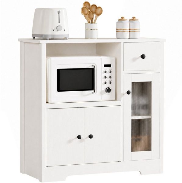 Yorbay Sideboard mit Kabeldurchlass & Acrylglastür, Küchenschrank Vitrine (80×40×80 cm, weiß), für Mikrowelle, Kaffeeecke & Wohnzimmer
