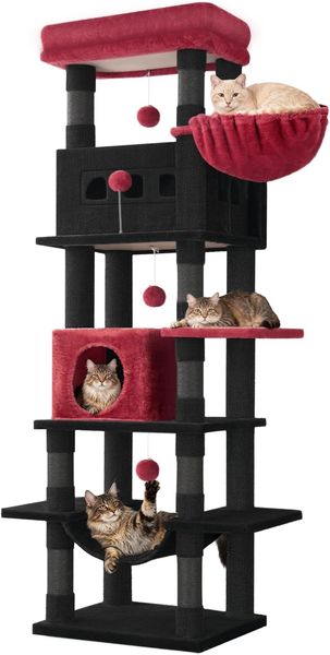 Kratzbaum groß, 170 cm hoch, Katzenbaum, mit 8 Kratzbäume, 2 Höhlen, groß Plattformen, Waschbare Matte, Hängematte, Plüschbälle, mehrstöckiger katzenkratzbaum, Schwarz Rot