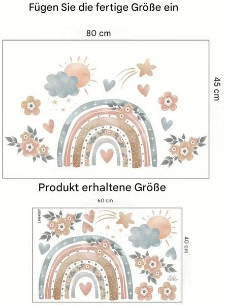 Montegoni Wandsticker Lebendige Regenbogen Herz und Blumen Wandtattoo, Abnehmbare PVC Aufkleber für Wohnzimmer und Sofahintergründe