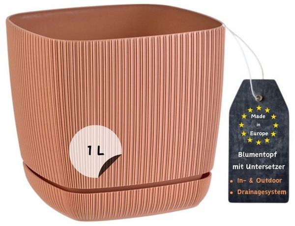 Engelland Blumentopf Pflanztopf mit Drainagesystem & Untersetzer (12 x 12 cm, 1 Liter, 1 St, robuster PP-Kunststoff), eckig, Rillenoptik, UV-resistent, direkte Bepflanzung