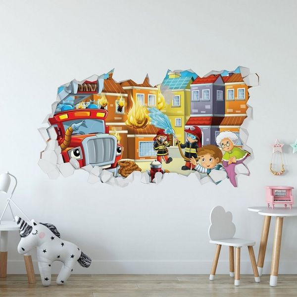 GRAVURZEILE Wandtattoo im Feuerwehr Design - Kinderzimmer -Wandsticker Wandaufkleber - (3D Wanddurchbruch & Deko, - Größe 115 x 70 cm), - V2
