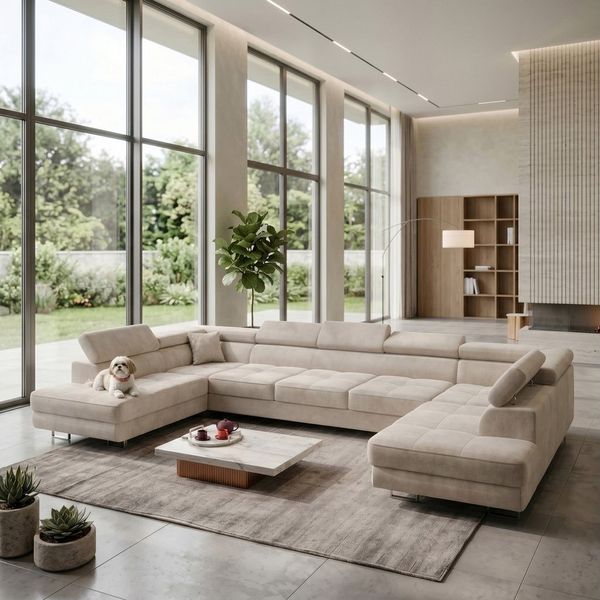 Muffo Ecksofa WILD MAXI U2, Schlaffunktion, verstellbare Kopfstützen, Hohe Metallfüße, 2x Bettzeug-Container, Symmetrische Möbel