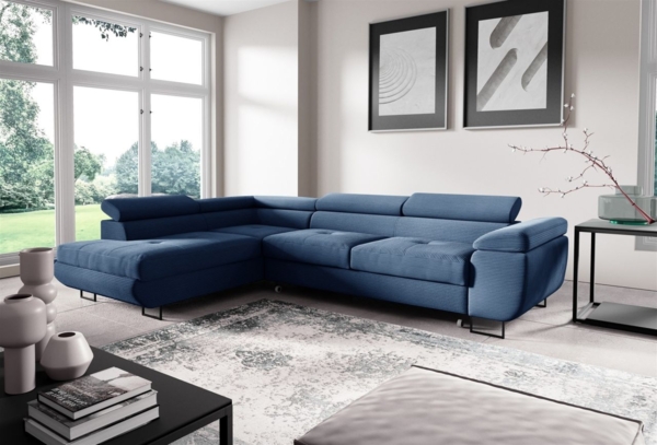 Ecksofa mit Schlaffunktion DECLAN Stoff Poso Blau Ottomane Links