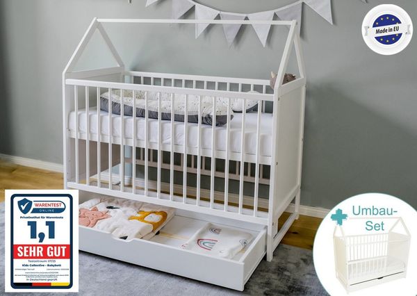 Kids Collective Babybett Beistellbett Kinderbett und Hausbett in einem - 120x60 weiß mit Schublade, höhenverstellbar und umbaubar