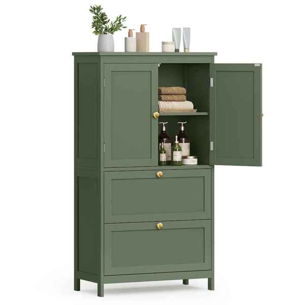 VASAGLE Badezimmerschrank, Badschrank, Küchenschrank mit 2 Türen und 2 Schubladen, verstellbare Ablagen, 30 x 60 x 110 cm, waldgrün