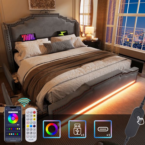 Polsterbett Grau mit LED-Beleuchtung, USB & Type-C Ladeanschluss, 4 Schubladen,Kopfteil im Vintage-Stil 180x200 cm