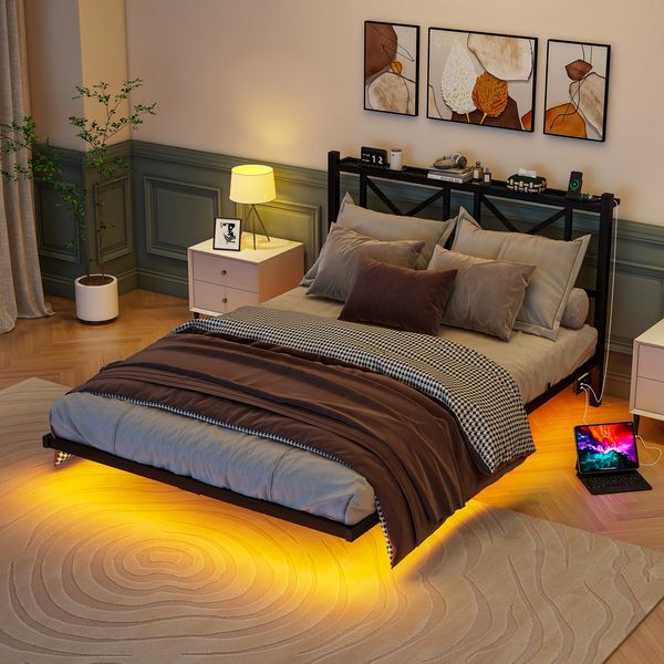 Metallbett 140×200 cm mit LED-Beleuchtung und Ladestation, schwebende Optik, Schwarz, ohne Matratze