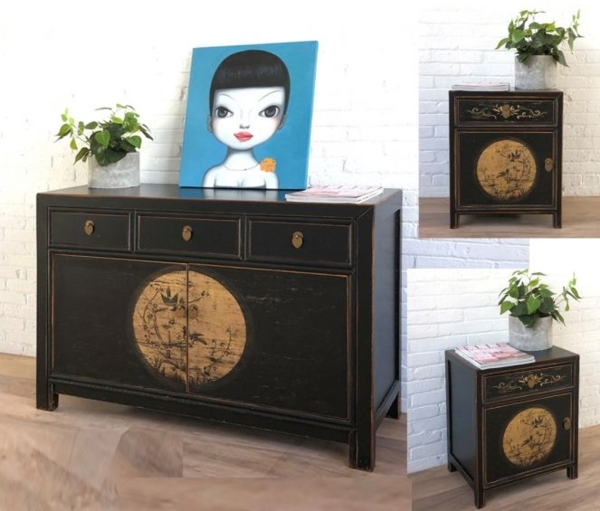 Vintage Asia Asiatische Möbelkombination Kommode Sideboard Nachttisch Nachtkästchen3-Teilig Schwarz