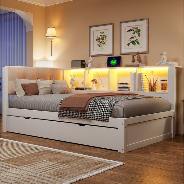 Merax Daybett mit LED-Beleuchtung & USB Anschluss (Jugendbett Schlafsofa Sofabett Kinderbett mit gepolstertem Kopfteil, 1 tlg), Kiefernholz Tagesbett 90x200 cm mit Schubladen, Regal & Stauraum