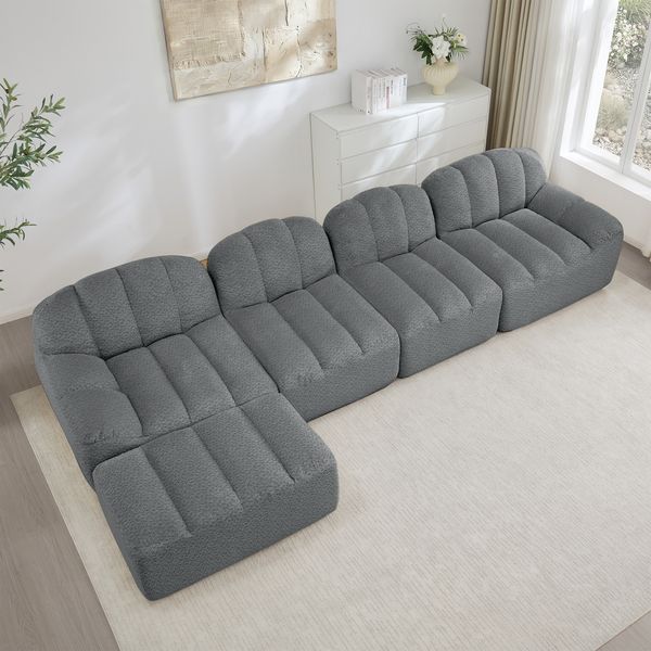 Ecksofa Grau aus granuliertem Fleece, modulares 4-Sitzer Sofa mit Ottoman und 32D-Hochdichtschaum,79x366x165 cm