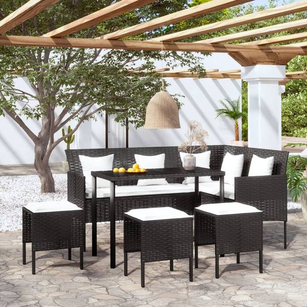 vidaXL 5-tlg. Sofagarnitur in L-Form mit Kissen Poly Rattan Schwarz 318578